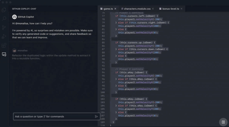 GitHub Copilot chat assisting with refactoring repetitive code in a TypeScript project.